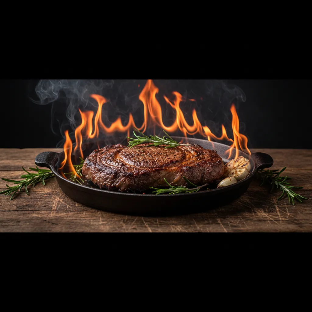 Sizzling ribeye steak on cast iron pan – the signature at Betty Boop